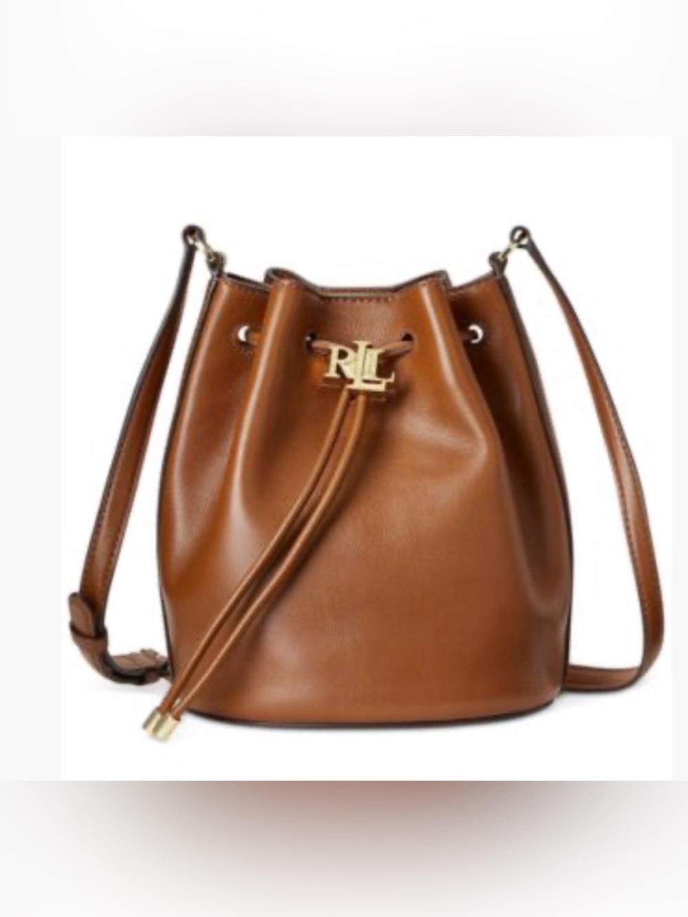 Ralph Lauren Andie Brown Leather Drawstring Bucket Crossbody with Gold RL Accent